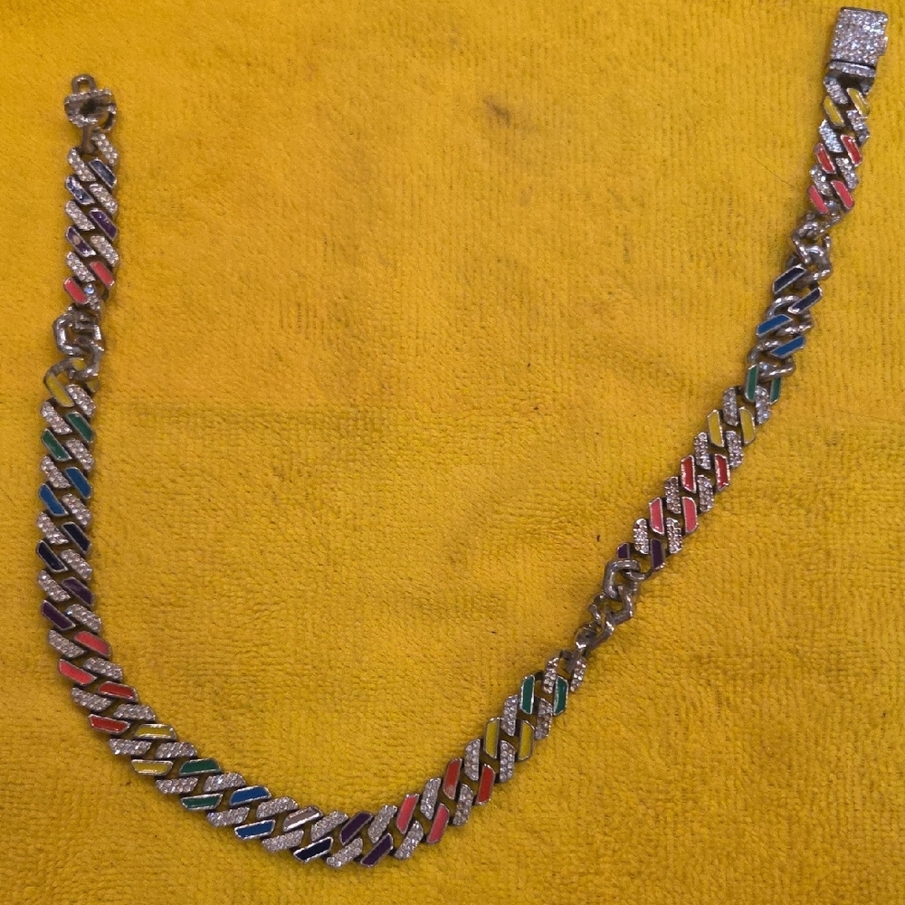 Hip Hop Cuban Link Chain Ice Crystal Rhinestone Chunky Silver Tone Necklace, 18”